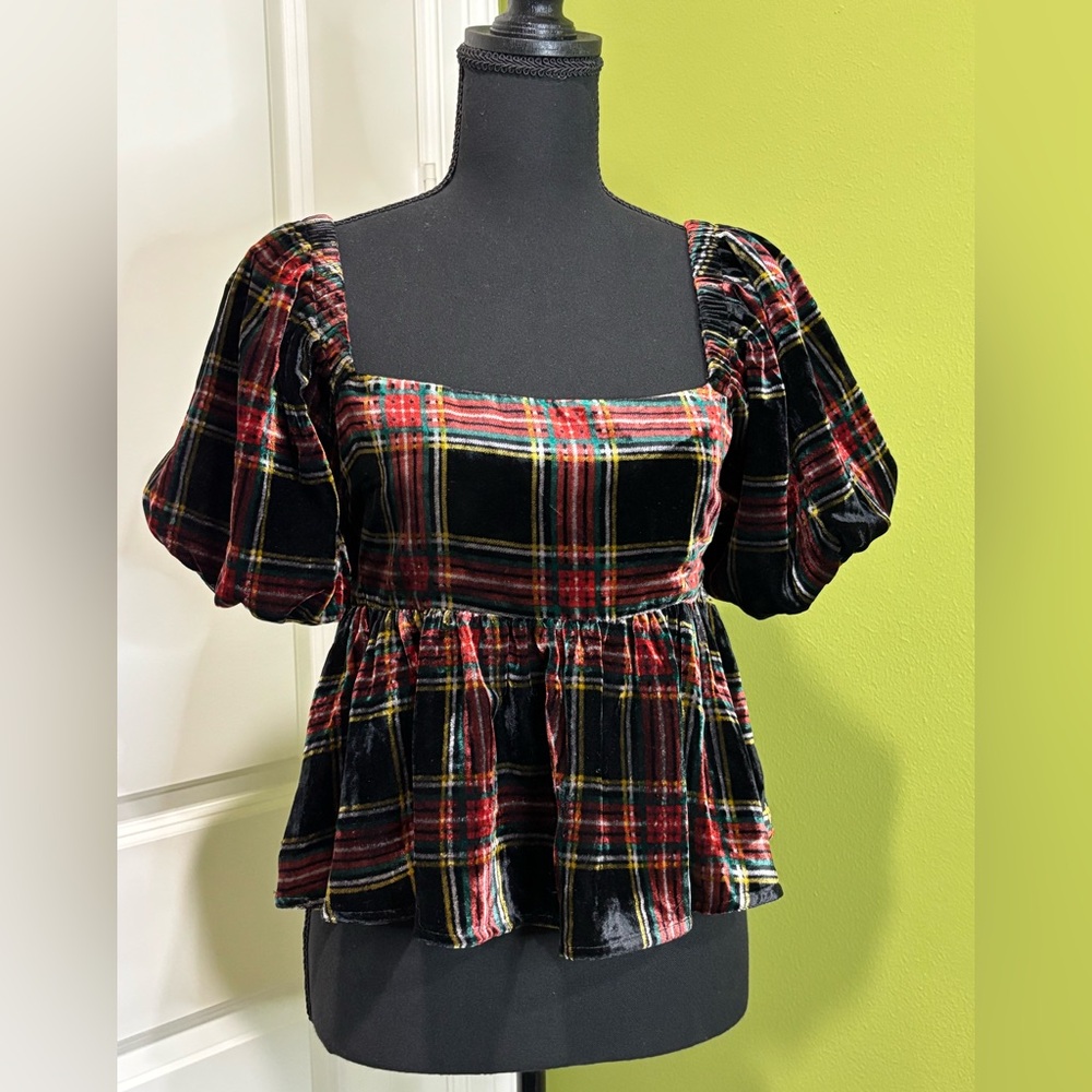 Mi Ami Francesca’s Plaid Velvet Peplum Crop Top Size Medium New